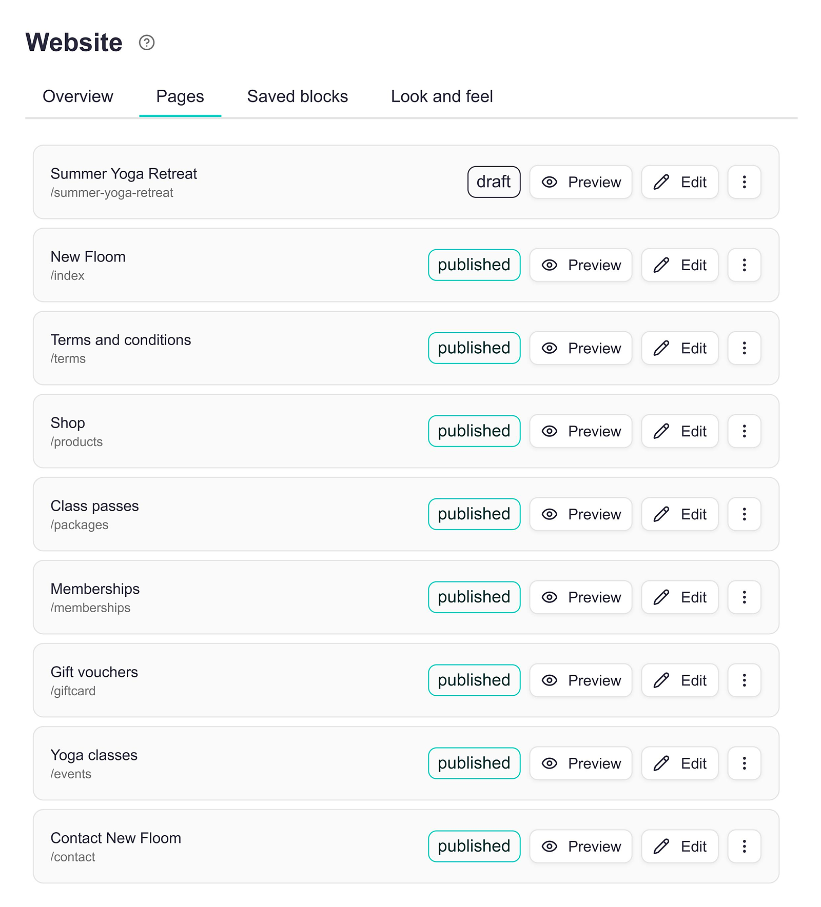 The Pages list, showing published pages and drafts